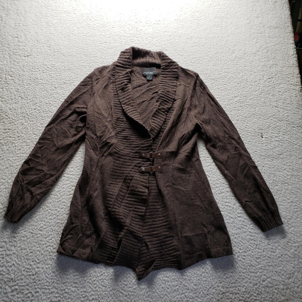 Cynthia Rowley Cardigan Sweater Womens Medium Brown V Neck Cashmere Buckle